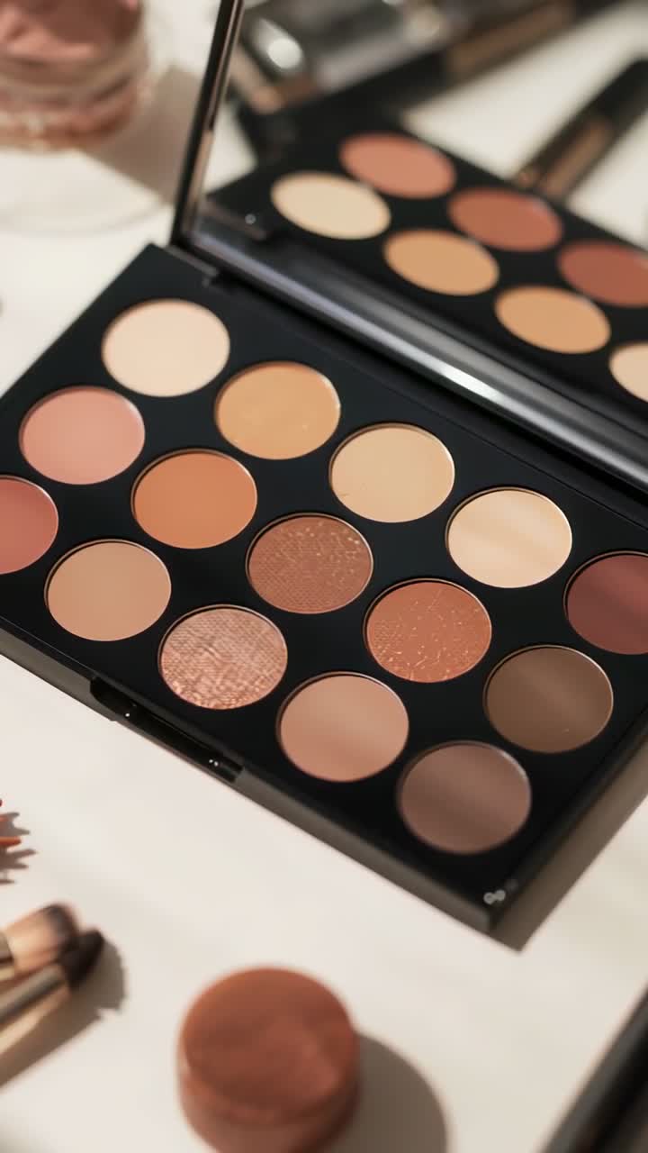 Vertical video: Tilting camera revealing open eyeshadow palette on vanity showing mirror and jar