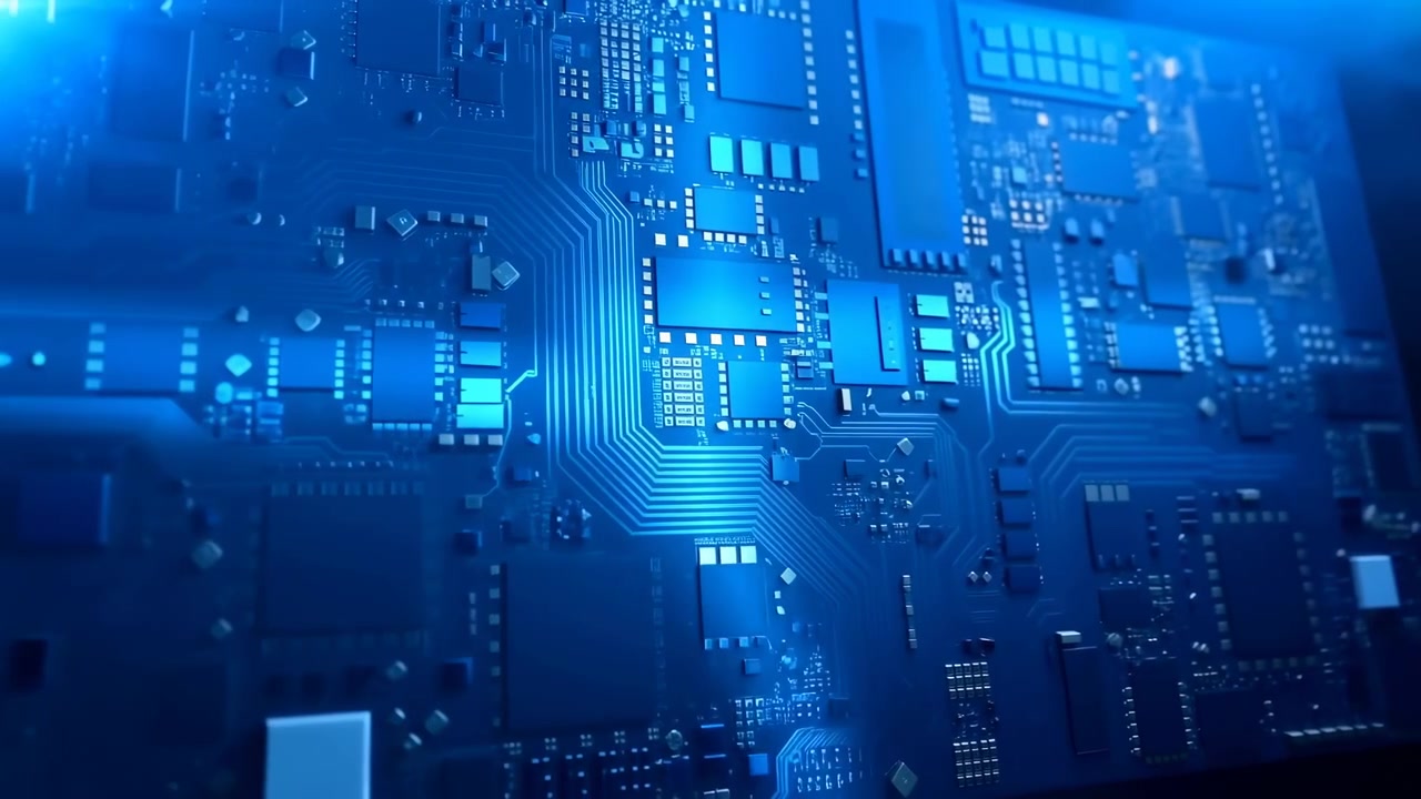 Blue illuminated printed circuit board with traveling cyan glow across conductive traces, reflective chip surfaces, dense solder pads, and precise electronic detail