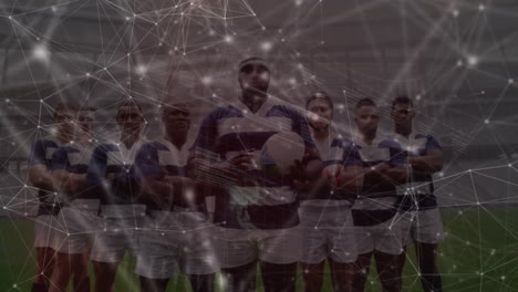 animation of network of connections with data processing over diverse rugby players at stadium