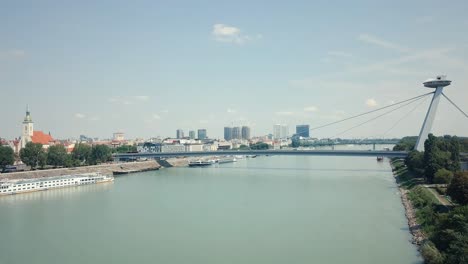 Bratislava Cityscape: Panoramic View of the Danube River, UFO Bridge, and City Skyline
