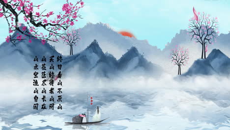 fantasy digital art ancient landscape painting traditional poetry recitation chinese style ink background, mysterious landscape china's traditional oriental digital art animation
