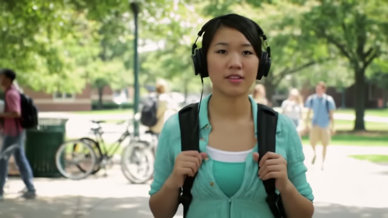 A Young Woman with Headphones Walks Through a Sunny Park, Engaging with Her Surroundings While Carrying a Backpack, Blending Technology with Everyday Life