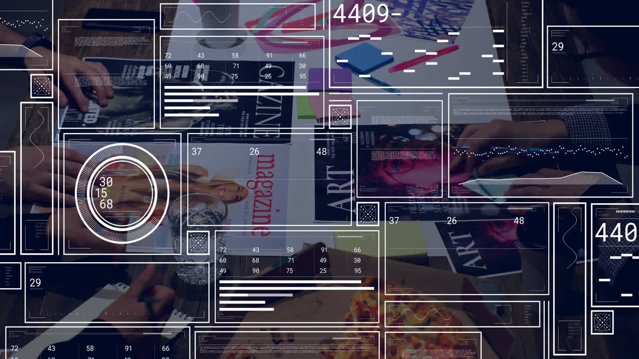 Team flipping magazine initiating animated sticky notes, smartphone tapping during design meeting