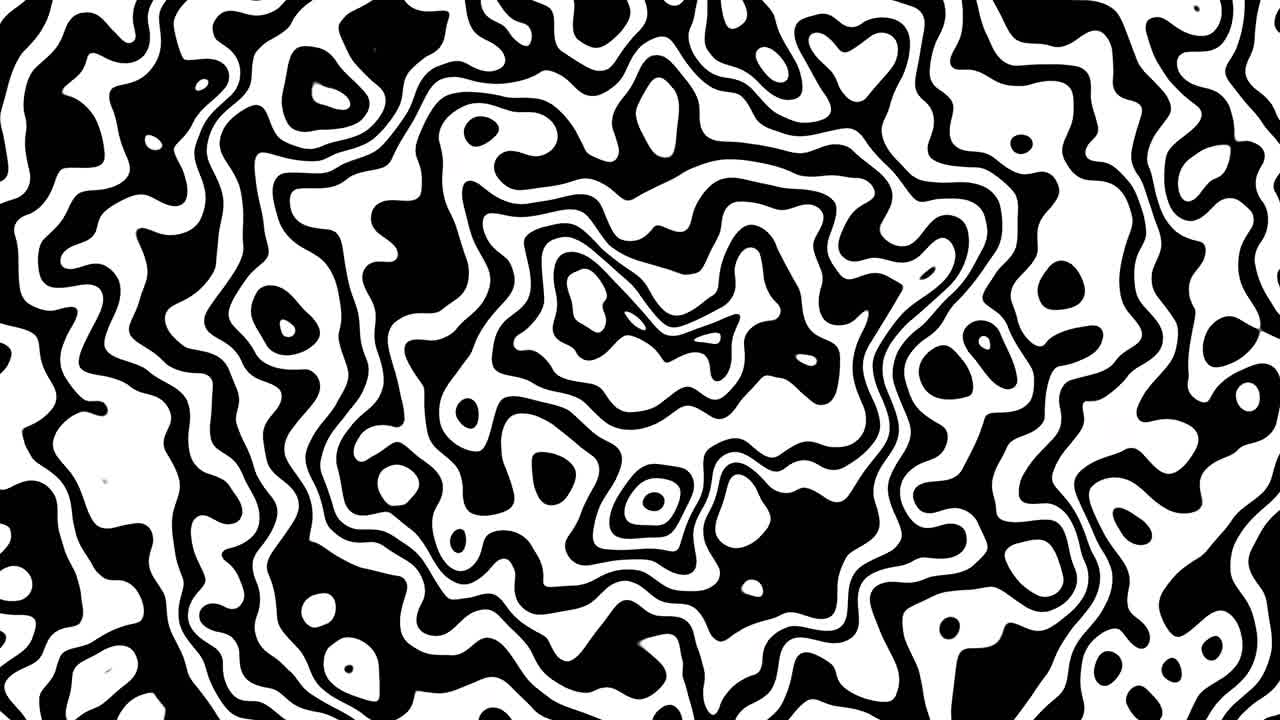 Black and white loopable turbulent swirling pattern with rotating organic shapes and forms