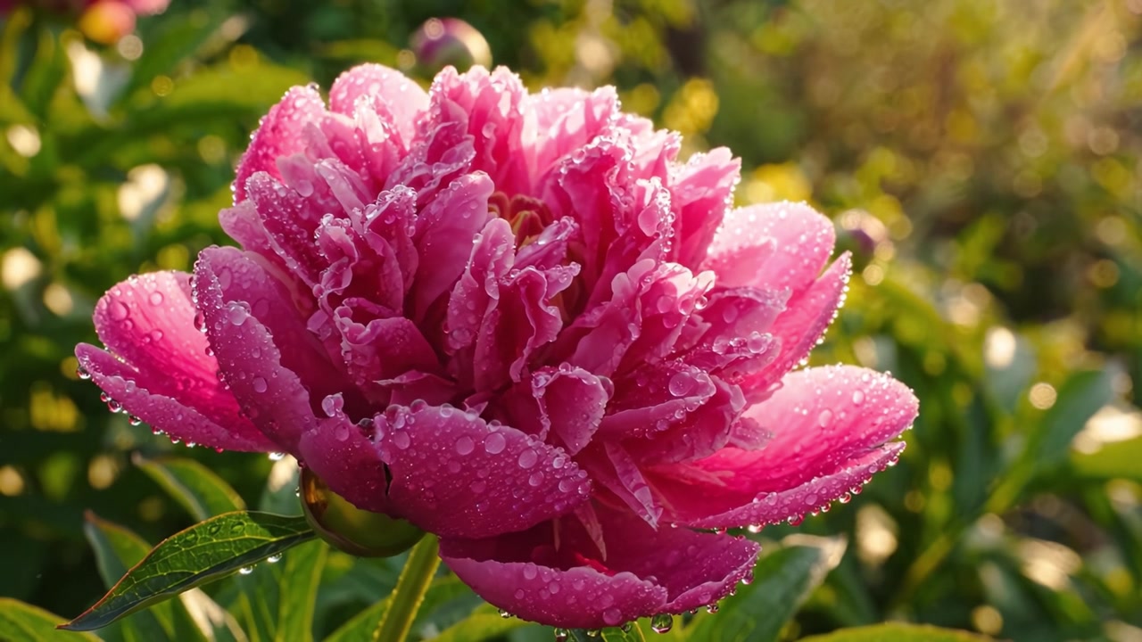 Fleur de pivoine éclatante sous la lumière matinale avec des gouttes de rosée : une magnifique démonstration de la beauté de la nature capturée en deux cadres glorieux.
