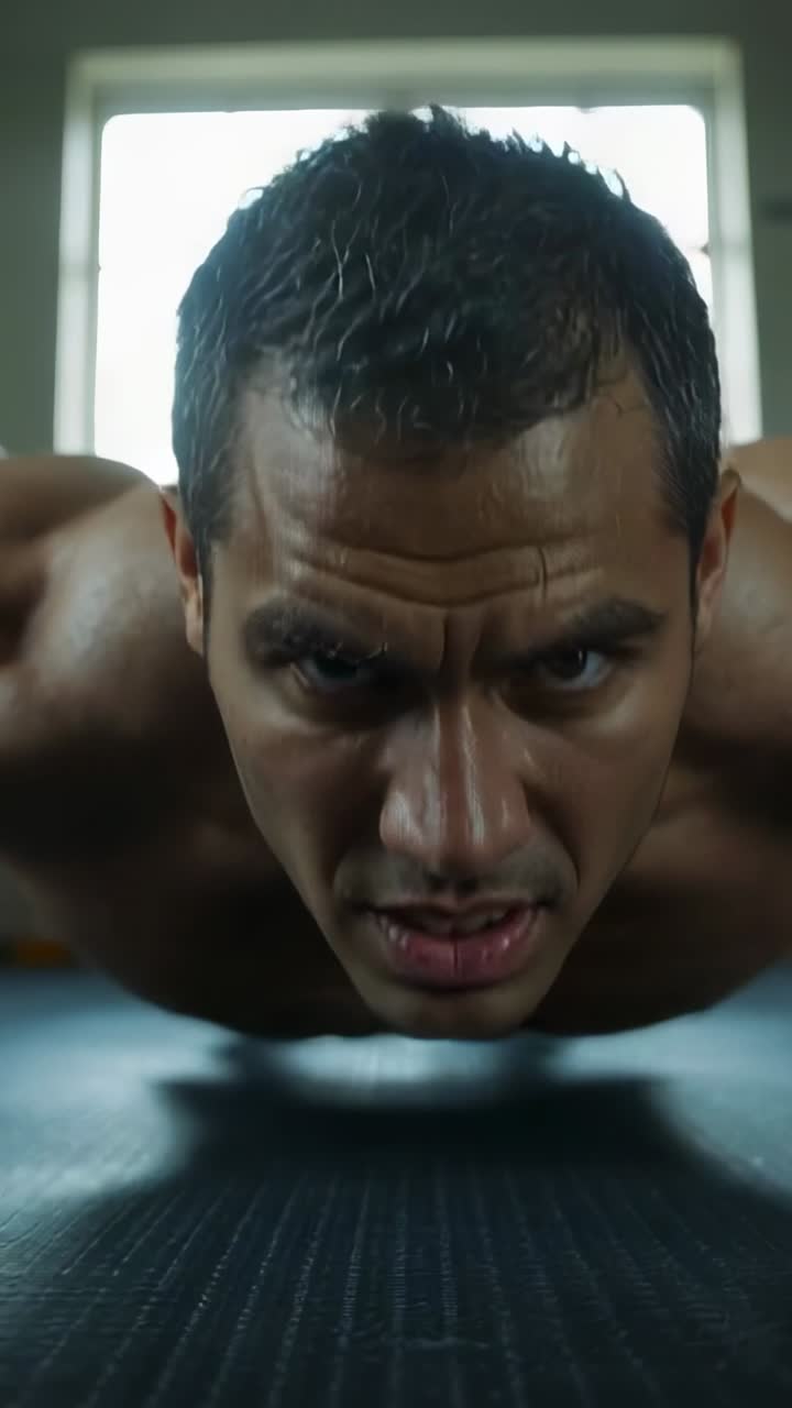 Video vertikal: Set awal, pria bertelanjang dada mengenakan celana pendek gelap melakukan push-up di atas matras bertekstur di gym