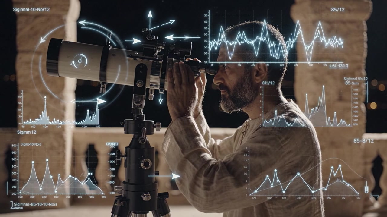 A focused individual examines the night sky through a telescope, exploring celestial wonders while data overlays visualize his observations in a scientific manner.