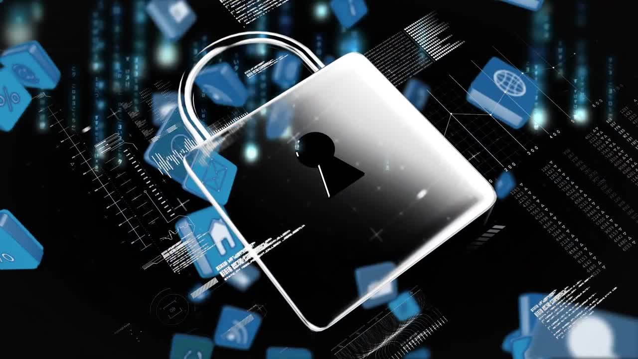 Lock in a futuristic interface with online and application icons in squares