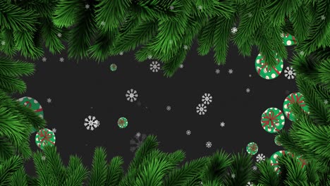 Animación-De-Nieve-Cayendo-Y-Decoración-De-Adornos-Navideños-Con-Abetos-Sobre-Fondo-Negro