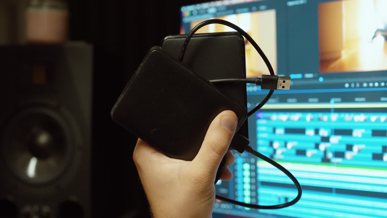 A video editor holds multiple hard drives while working in Adobe Premiere Pro. Concept of data storage, media overload, and digital workflow challenges