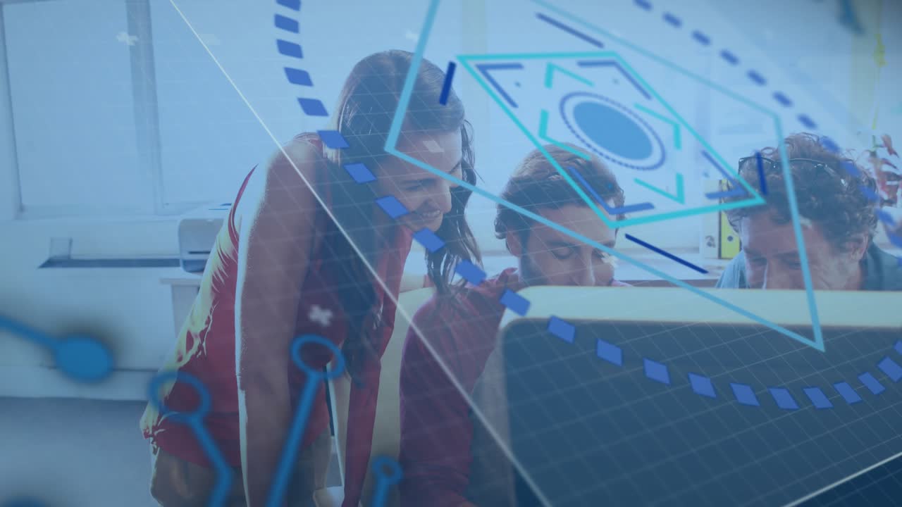 Tech team tapping tablet, shifting to monitor while blue HUD overlaying scene with data, finalizing