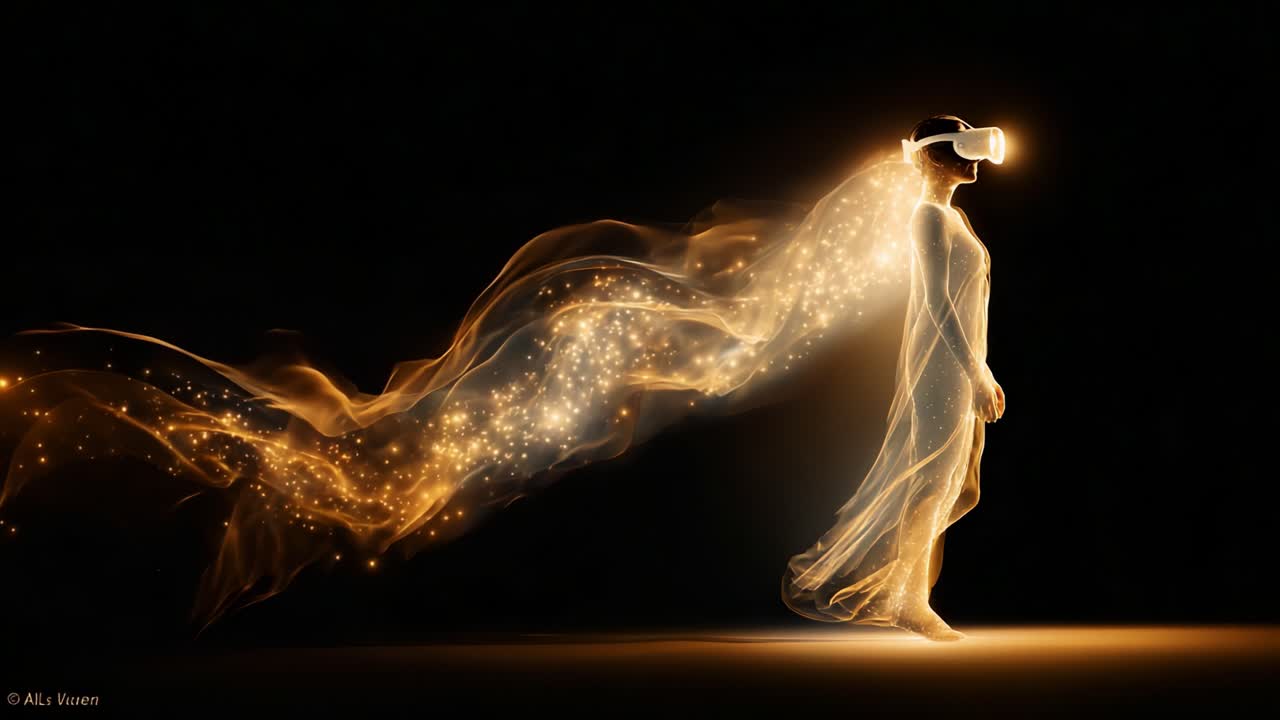 Ethereal Being with Virtual Reality Headset: A Surreal Journey Through Light and Imagination. Witness the Transformation of Reality as Digital Elements Merge with the Physical World