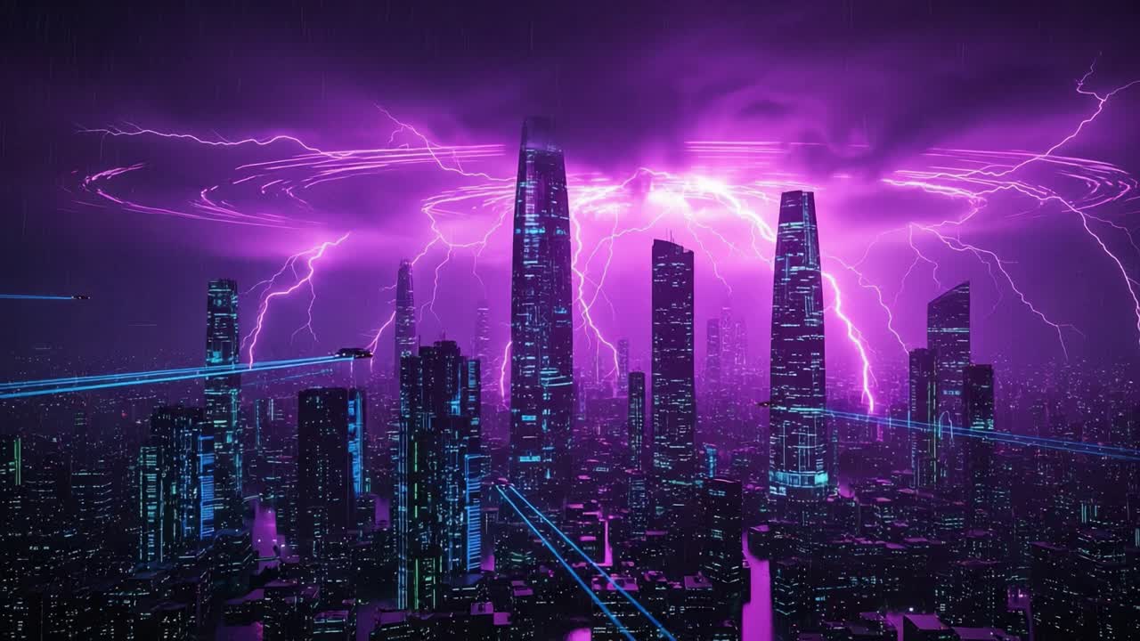 A Stunning Futuristic Cityscape Illuminated by Electric Storms and Pulsating Neon Lights, Showcasing Skyscrapers Amidst Dynamic Lightning Strikes