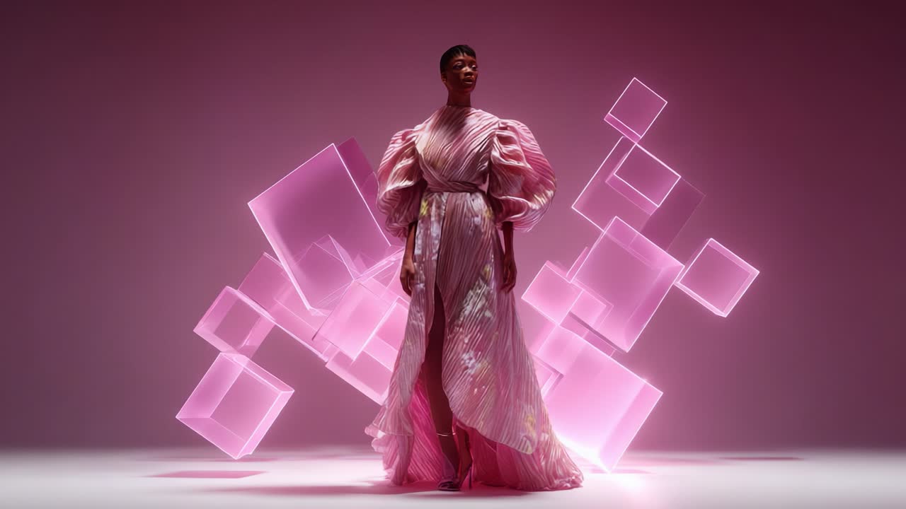 A stunning model showcases an extravagant pink gown adorned with dramatic puff sleeves, surrounded by ethereal translucent geometric shapes that emphasize the elegance and artistry of contemporary fashion design in a vibrant setting
