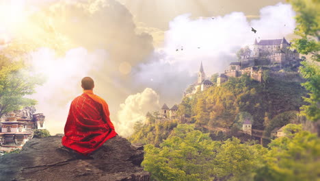 una persona o un monje sentado en una montaña y meditando en una naturaleza serena mientras los pájaros y las nubes pasan volando