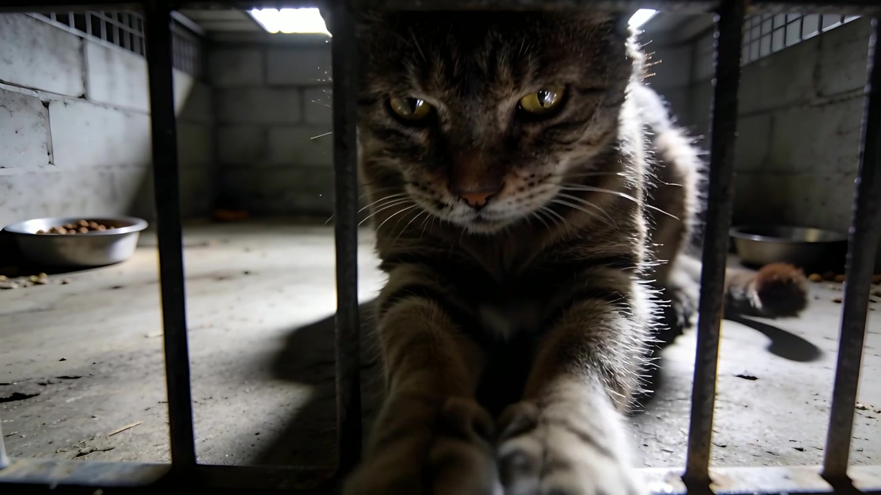 Gato malhado se movendo estendendo a pata através das grades de metal no abrigo, com duas tigelas visíveis, estimulado pela luz.