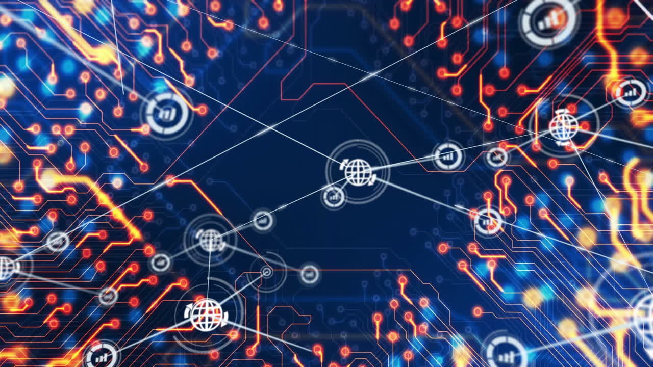 Animation of network of connections with icons and data processing over circuit board