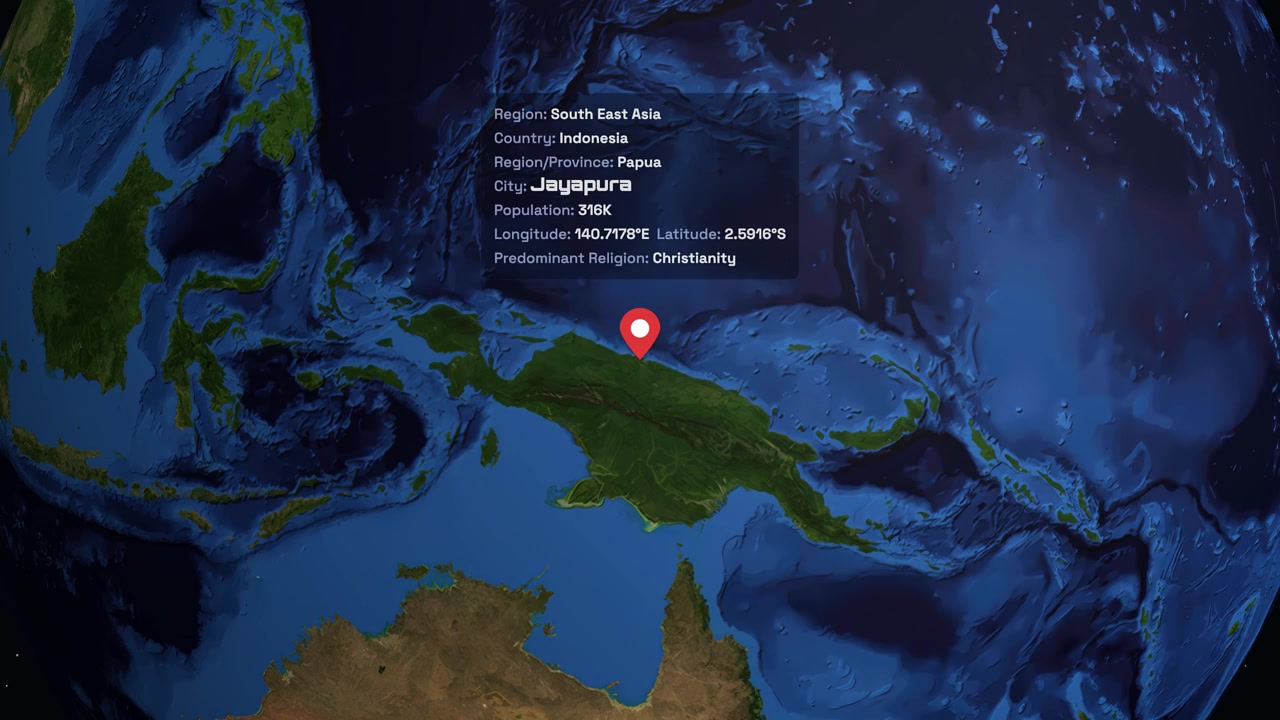 A digital globe rotates and zooms into Jayapura, Indonesia, highlighting regional data and location