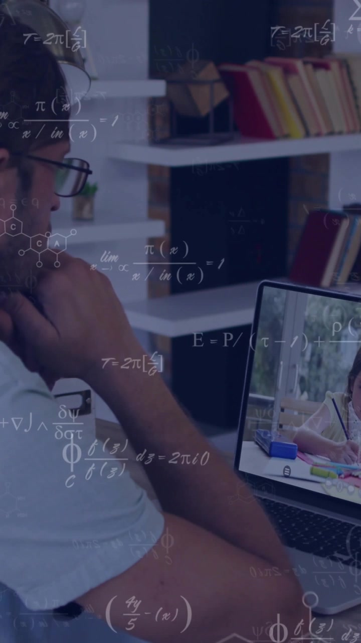 Vertical video: Tutor joining laptop call, helping child learning as formulas animating on screen