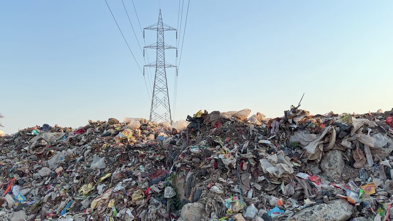Tracking shot of a huge pile of garbage at dump yeard filled with plastic and waste material