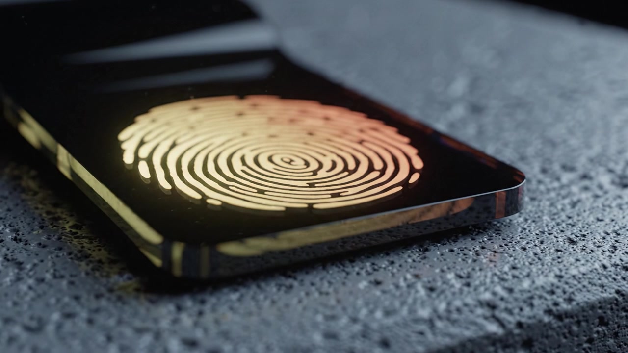 Close-Up Views of a Modern Smartphone Showing Its Sleek Design and Fingerprint Recognition Technology on a Textured Surface