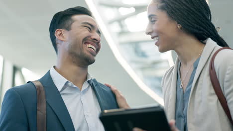 laughing, meme and business people with a tablet