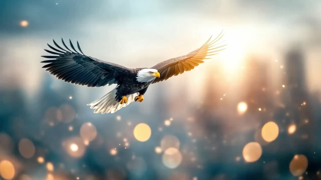 Aquila maestosa in volo contro un tramonto cittadino sfocato
