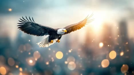 majestic eagle flying against a blurry city sunset