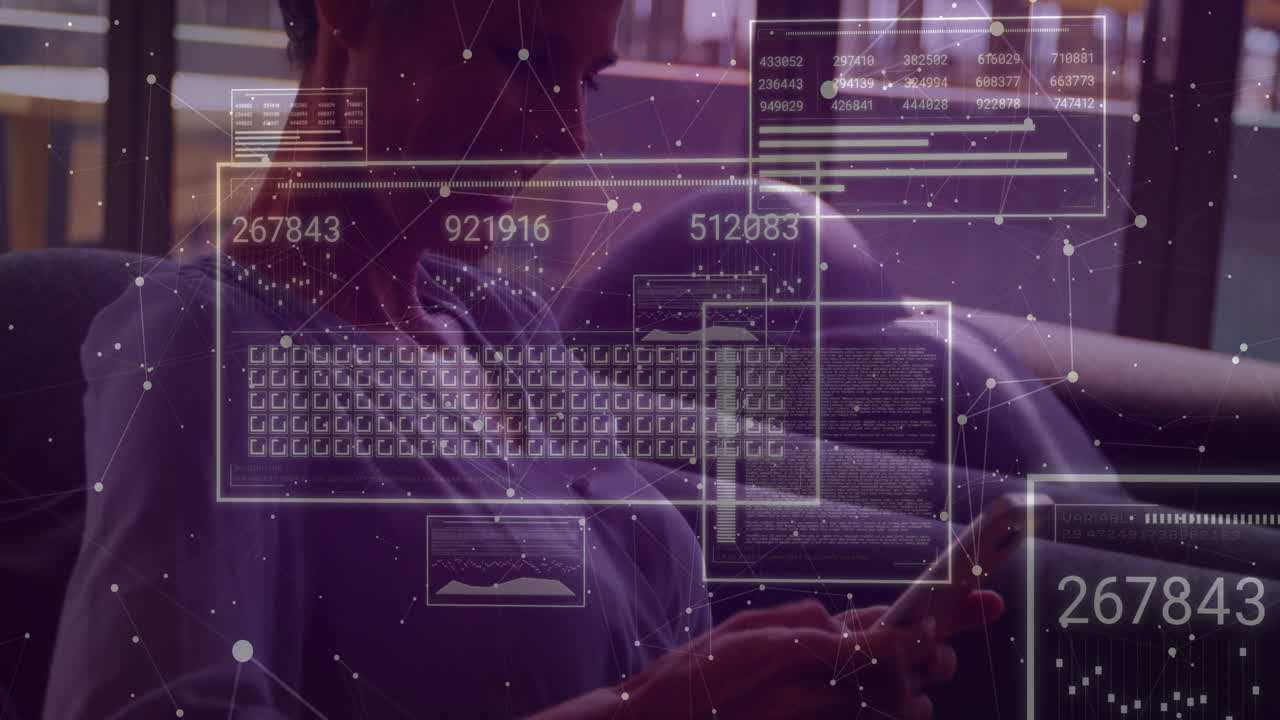 Mature woman using smartphone on sofa indoors, viewing floating finance charts and numeric data