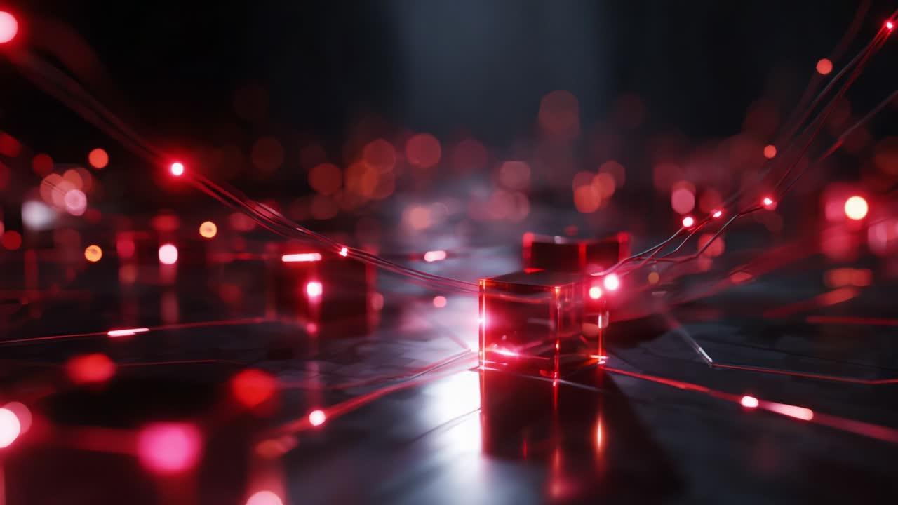 A captivating visual representation of interconnected digital nodes illuminated by vibrant red lights, depicting the essence of technology, communication, and advanced networks in a futuristic environment