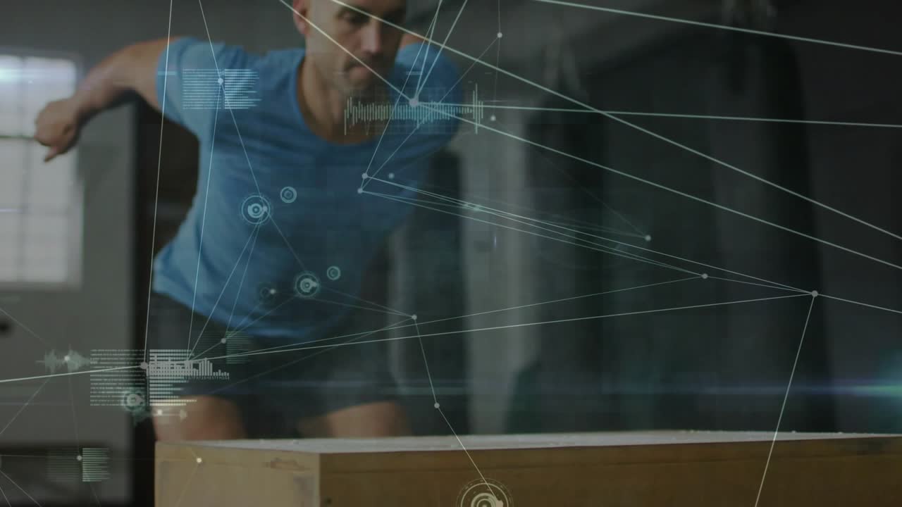 Fitness trainee swinging arms and bending knees, initiating box jumps for power, HUD lines moving