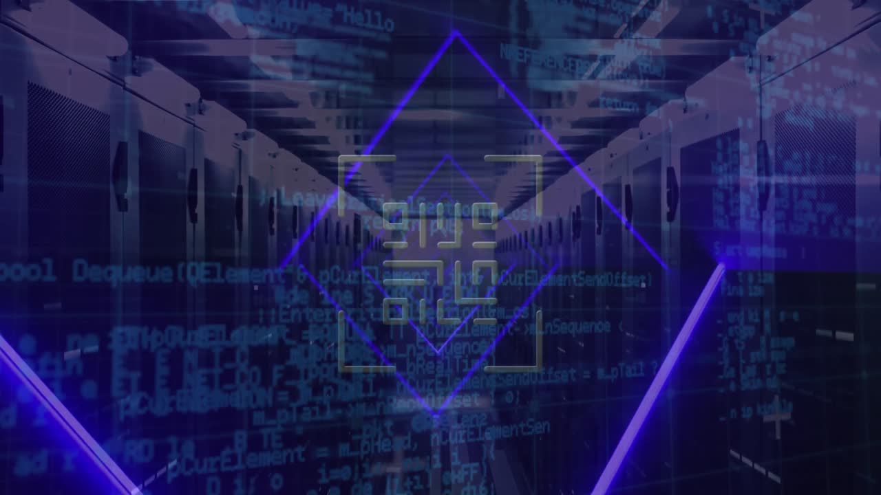 Animation of qr code, neon lines, data processing over servers