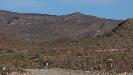 Eine-Western-Heldenfigur-Geht-Tagsüber-Alleine-Eine-Staubige-Straße-In-Einer-Wüstenlandschaft-Voller-Kakteen-Entlang