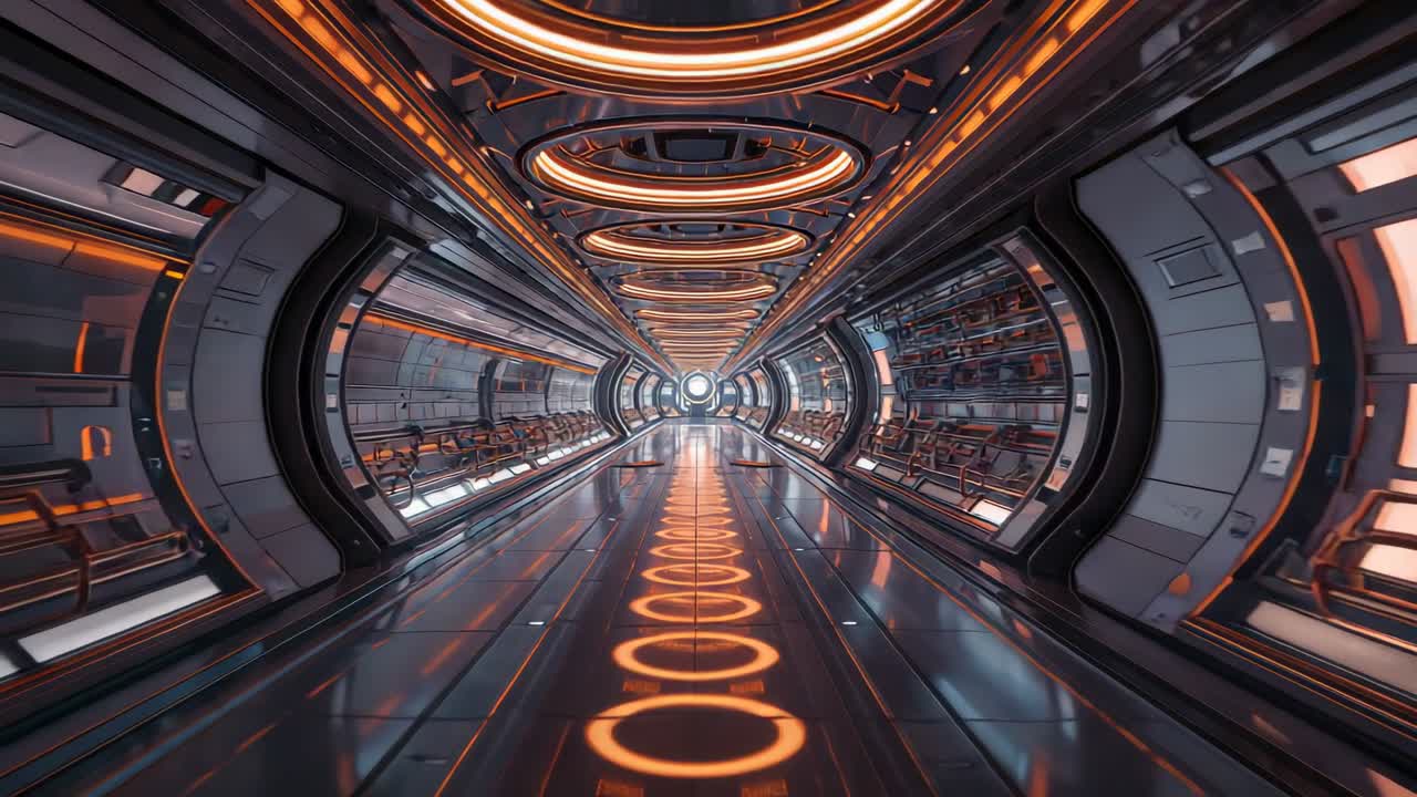 After static view gliding camera along corridor toward hatch, with orange rings and rising plates