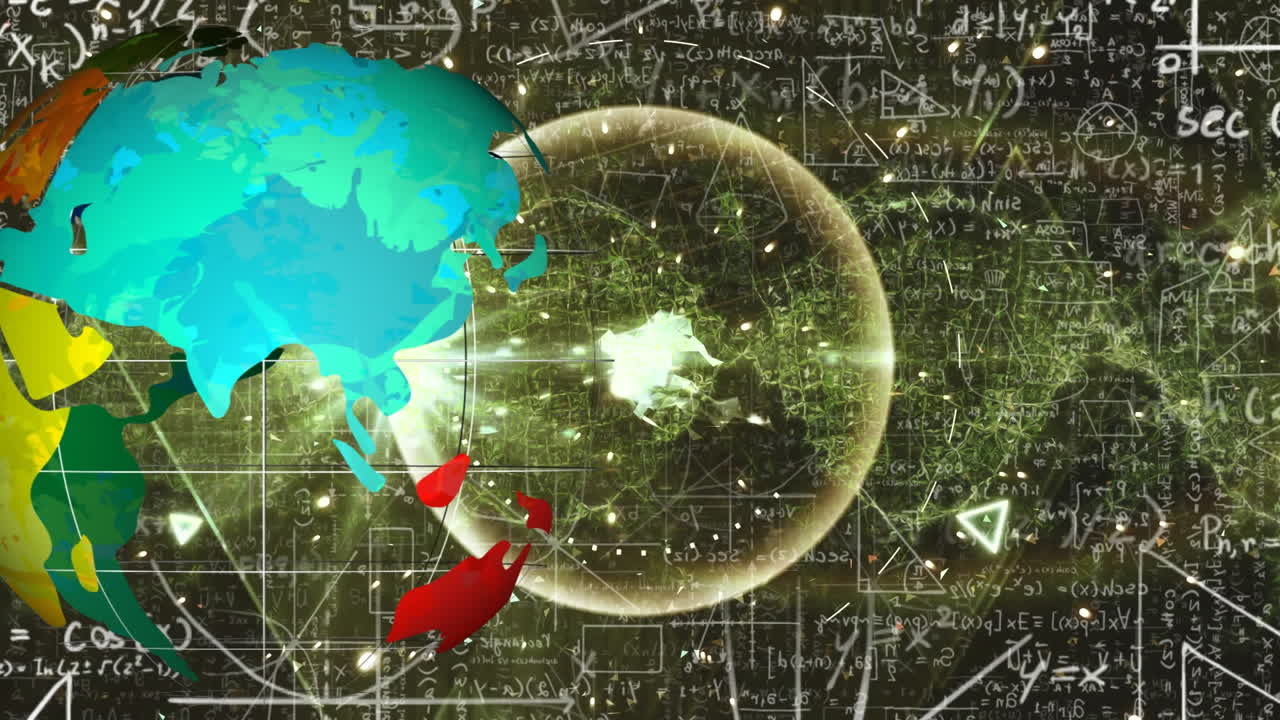 animación del globo, las luces, las formas y las fórmulas matemáticas sobre fondo negro