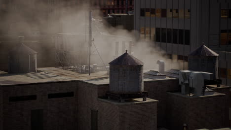 a city rooftop with water towers and smoke