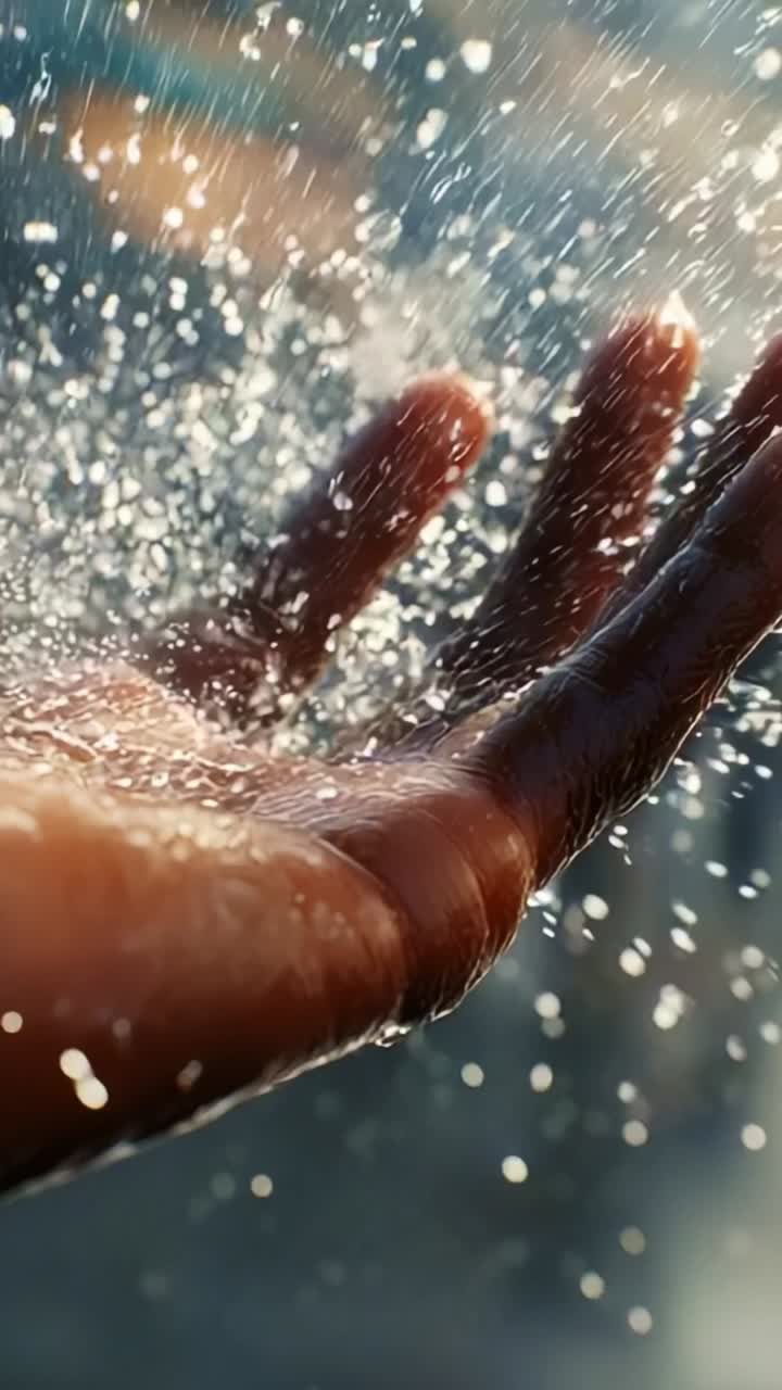 A Close-Up of a Hand Capturing Raindrops, Showcasing the Beauty of Water as It Glimmers in Bright Light and Enhances the Moment's Serenity and Reflection