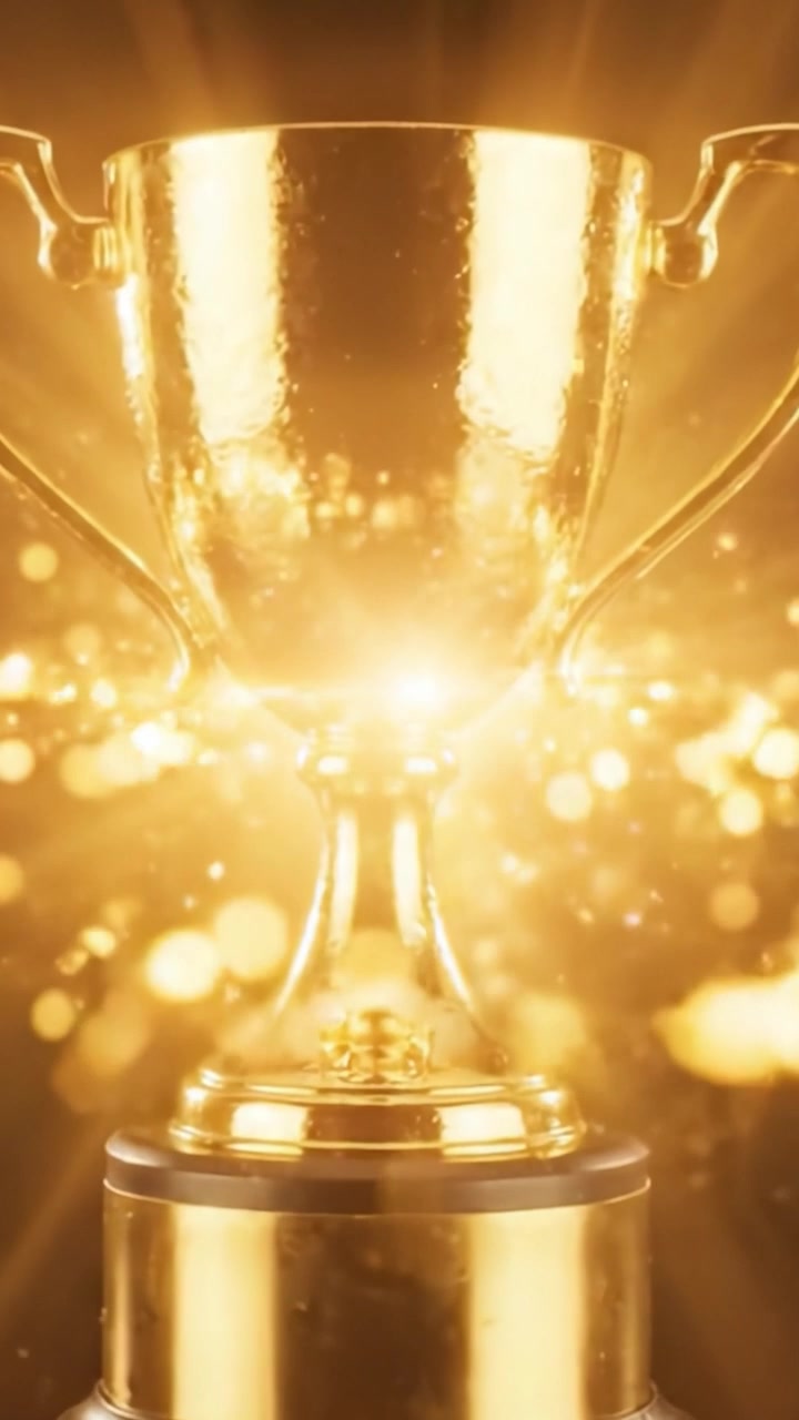 Un trofeo d'oro scintillante catturato in due splendide inquadrature, che evidenzia il suo design brillante e l'essenza simbolica di successo e riconoscimento su uno sfondo scuro suggestivo.