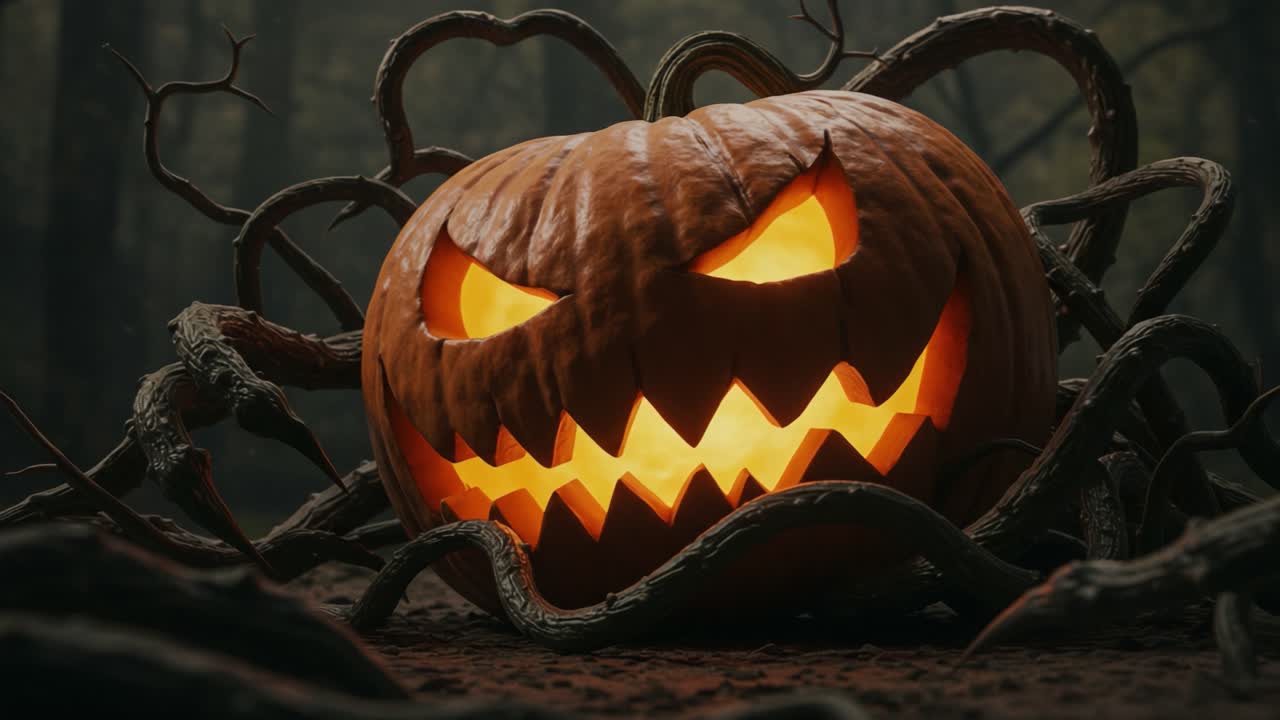 A Spooky Glowing Jack-o'-Lantern Surrounded by Creepy Twisting Vines in a Dark Forest, Perfect for Halloween Scenes and Autumn Celebrations