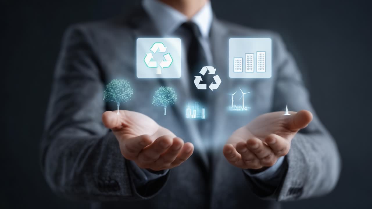 A Business Professional Emphasizing Sustainability Through Holographic Representations of Nature, Recycling, and Renewable Energy in a Modern Setting