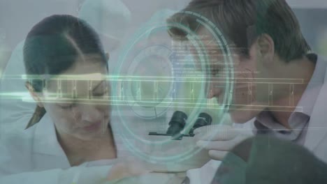 animación del alcance, la cadena de adn y el procesamiento de datos en diversos científicos en el laboratorio