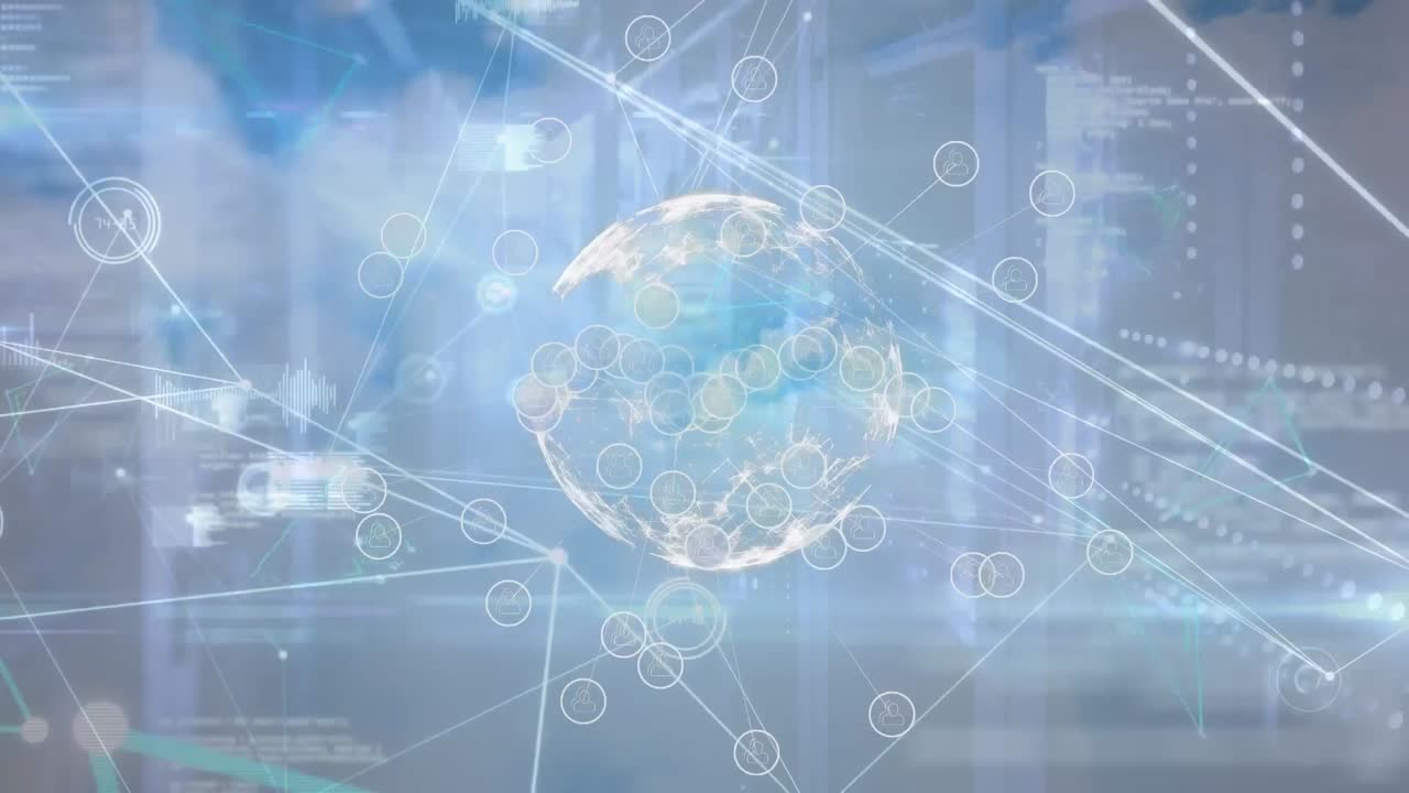 파란색 배경에 연결 및 데이터 처리를 가진 지구의 애니메이션