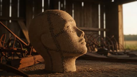 a captivating perspective of a unique burlap head sculpture set against an rustic barn background, emphasizing textures and the play of natural light