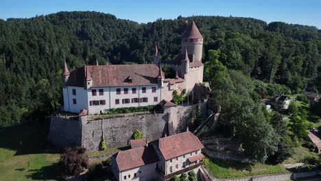 Lucens complex medieval castle Switzerland fortress Vaud canton aerial drone