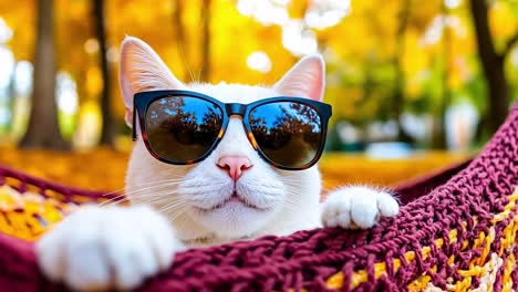 a white cat wearing sunglasses laying in a hammock