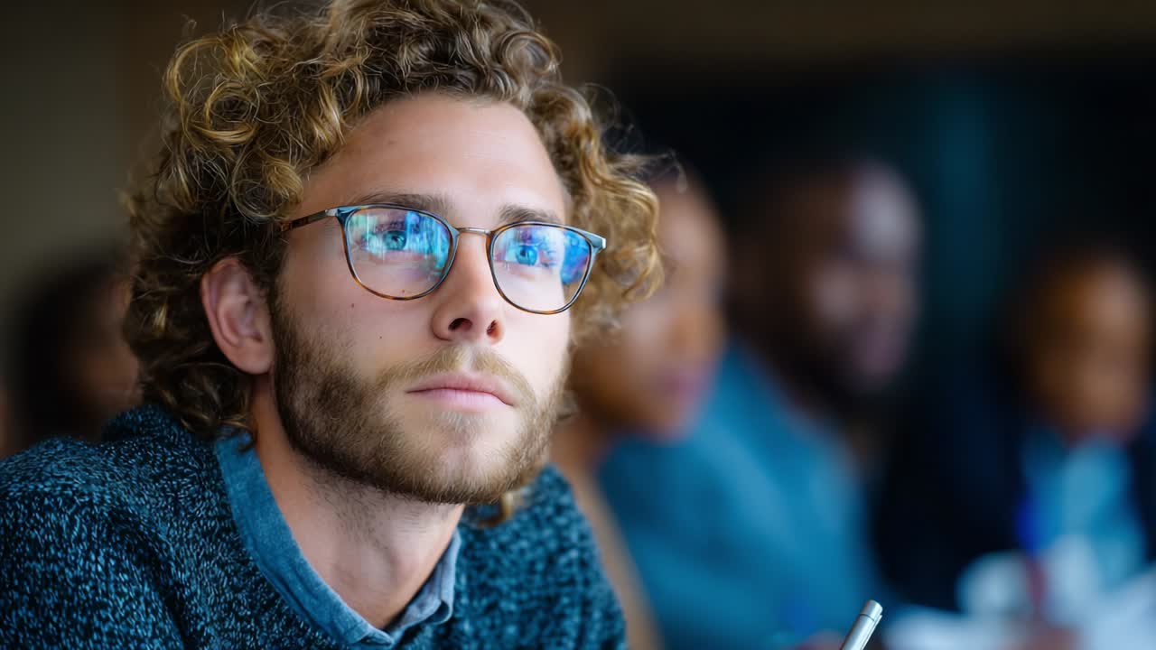 A Thoughtful Young Man with Curly Hair and Glasses Deep in Contemplation During a Meeting Surrounded by Colleagues, Reflecting on Ideas and Engaging in the Discussion Taking Place Around Him