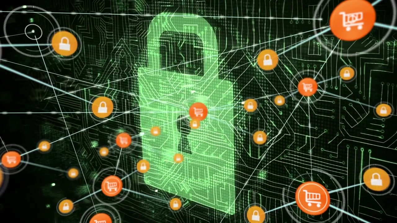 Animation of network of connections and padlock icon over black background