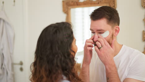 eye patch, skin care and happy couple in home