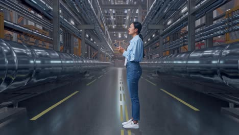 full body side view of asian female worker with her phone in a in big warehouse filled with metal pipes, she observes by looking around before she come to concentrating with her smartphone