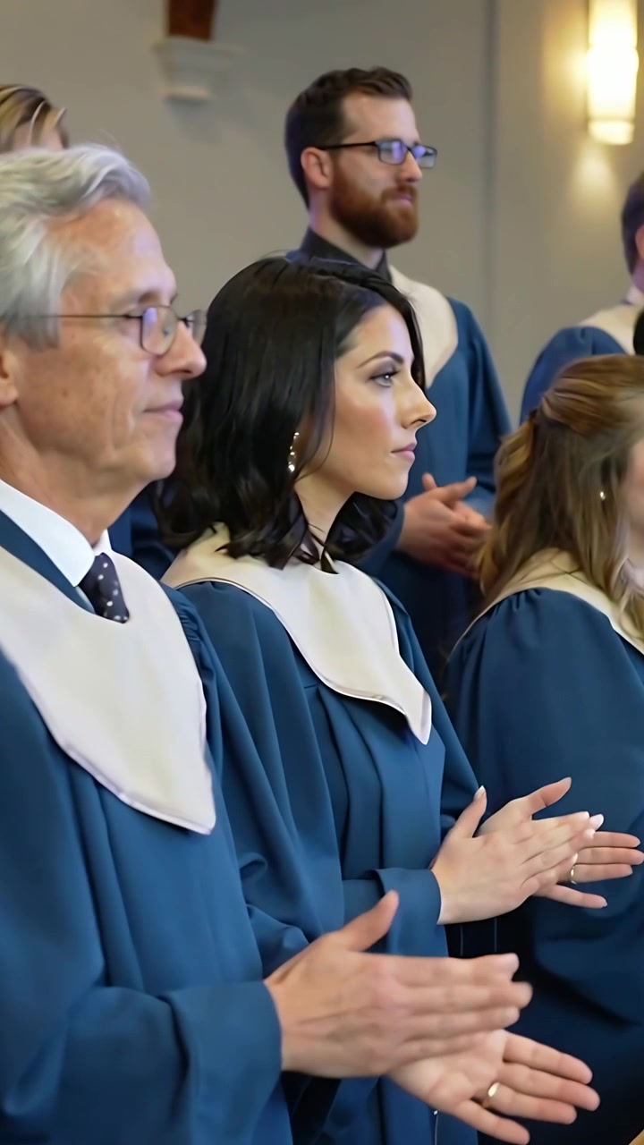 Video verticale: Coro in tuniche blu con stole bianche che applaude in chiesa, reagendo al segnale del direttore.